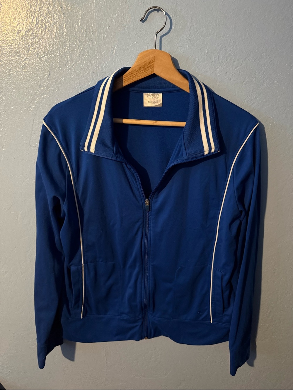 Danskin Now Royal Blue Zip-Front Varsity Jacket with White Stripes